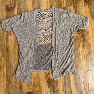 Tan Open-Front Cardigan with Crochet Detail